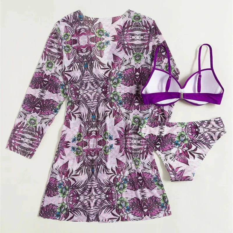 Boho Style Women's 3 Pieces Swimsuit Floral Bikini Set+Long Sleeve Cover-Up Swimwear Sexy Low Waist Tankinis Beachwear Holiday