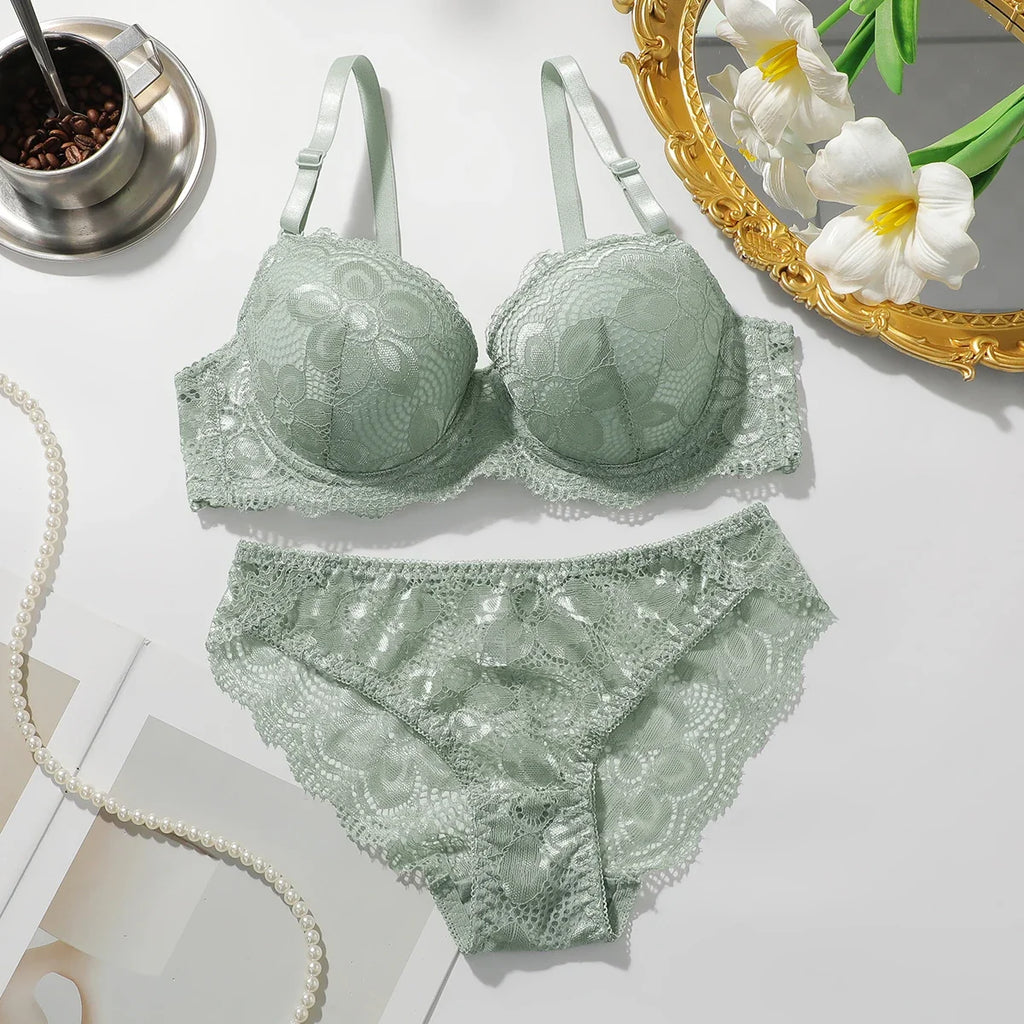 Two Pieces Transparent Floral Bras Panties Set Clothing Sexy Underwire Push Up Lingeries For Women lace bra A2123