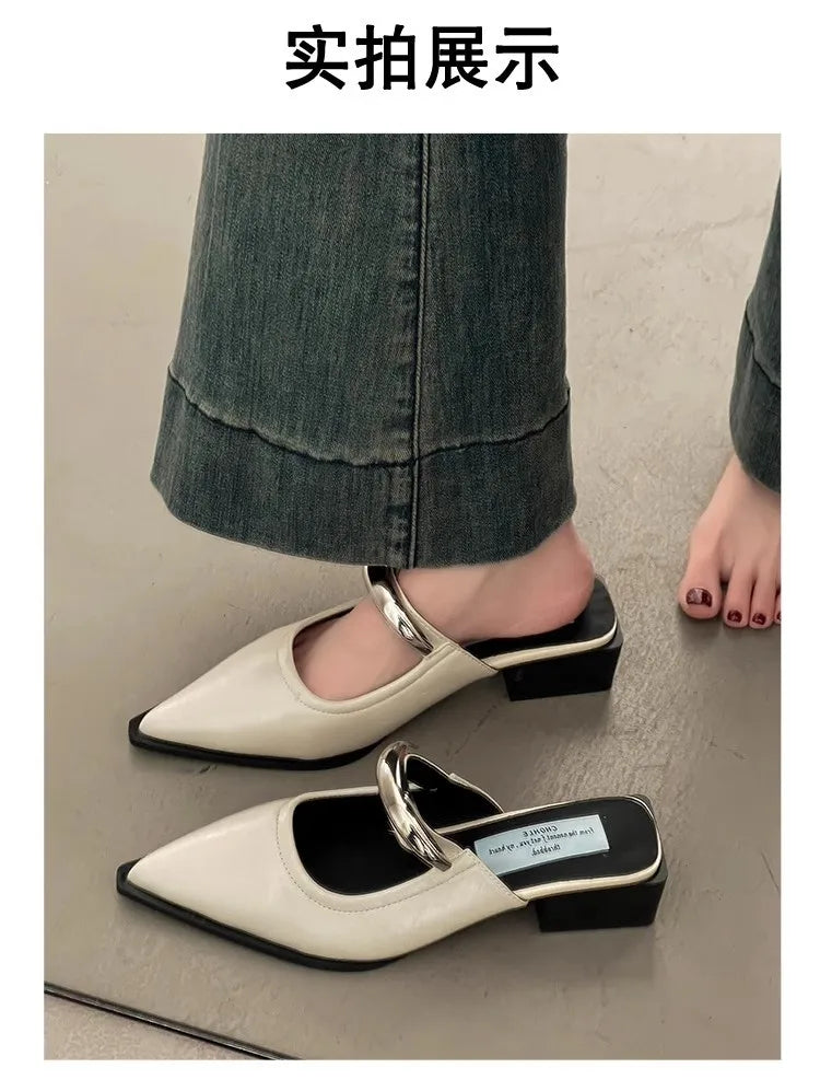 2026 New Summer Women Cover Toe Mules Slippers Fashion Metal Decoration Thick Heel Slide Shoes Comfort Street Style Footwear