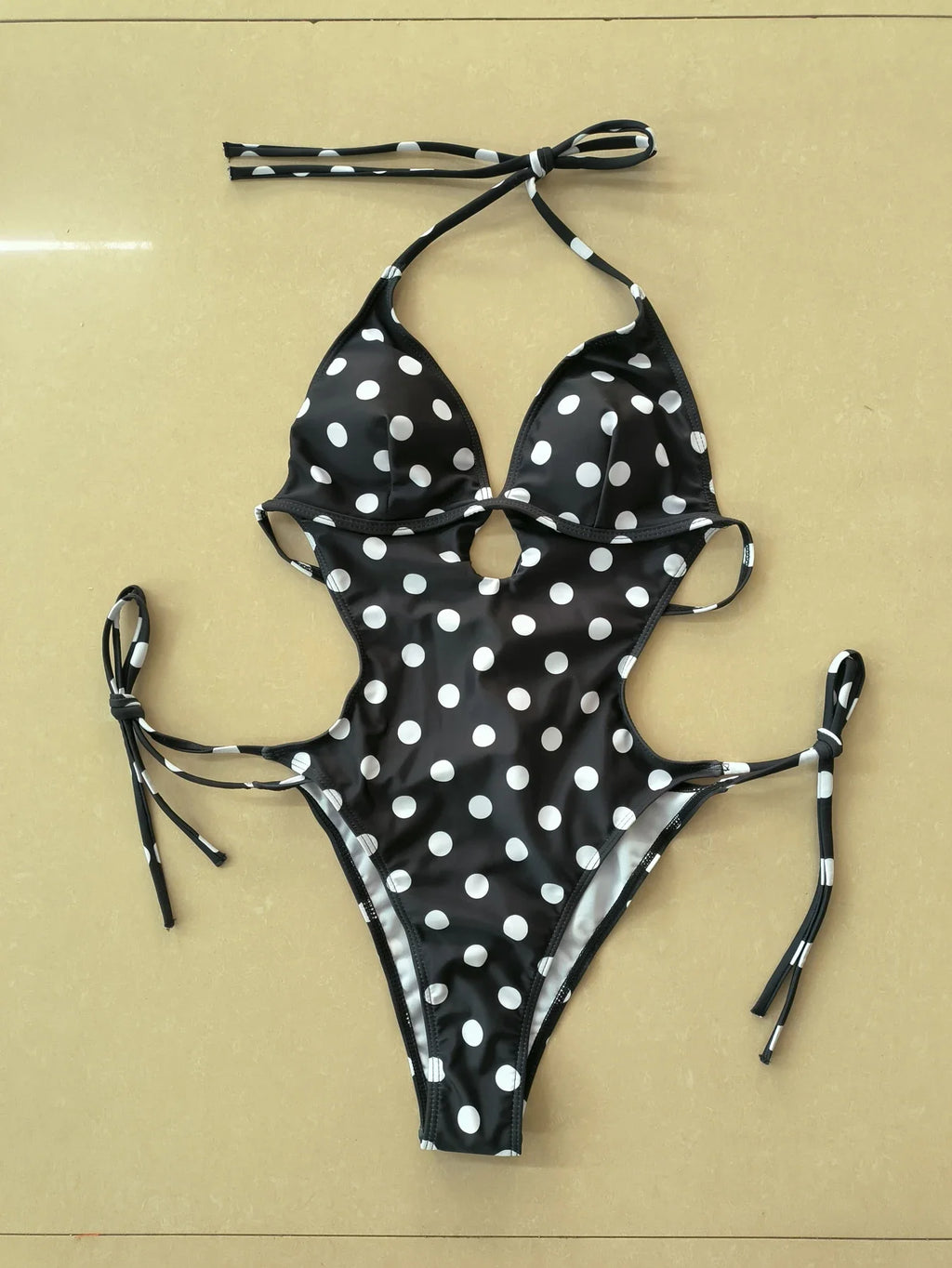Sexy Black Polka Dot Print Swimwear Women 2026 Hollow Out Backless Tie Side Thong Bikini Bathing Suit Holiday One Piece Swimsuit