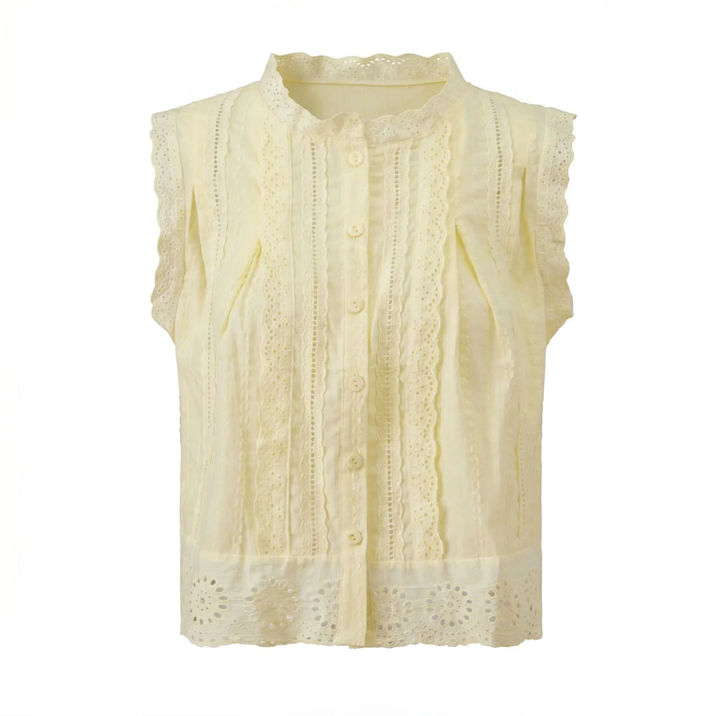 Summer Women’s Button Down Eyelet Tops Solid Color Sleeveless Round Neck Lace Trim Shirts Daily Casual Blouse Summer