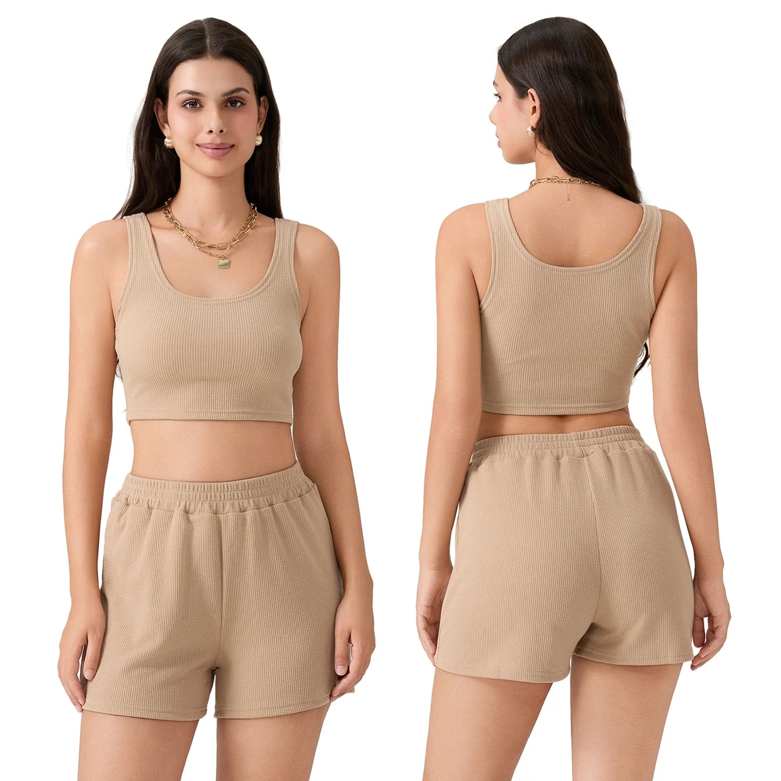 Women 2 Piece Sets Summer Fitness Short Sets Sleeveless Square Neck Crop Vest + Loose Shorts Casual Tracksuits
