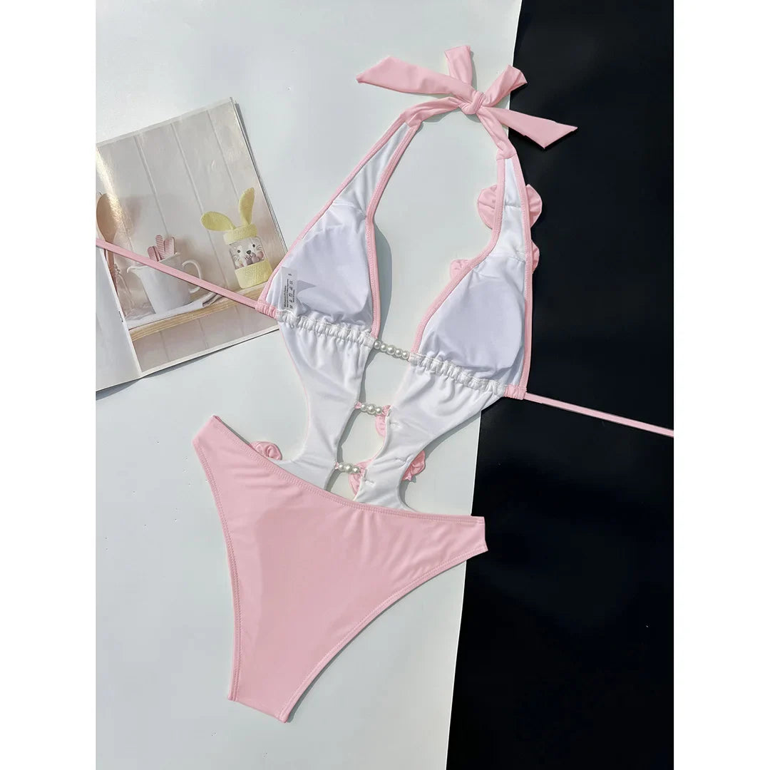 Sexy 3D Flowers Deep V Neck Halter Women Swimwear One Piece Swimsuit Female High Cut Leg Monokini Bather Bathing Suit Swim V6986