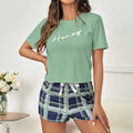 Summer Pajamas Set for Women Soft Sleepwear Letter Print Tops with Bowknot Plaid Shorts Lounge Sets Home Clothes