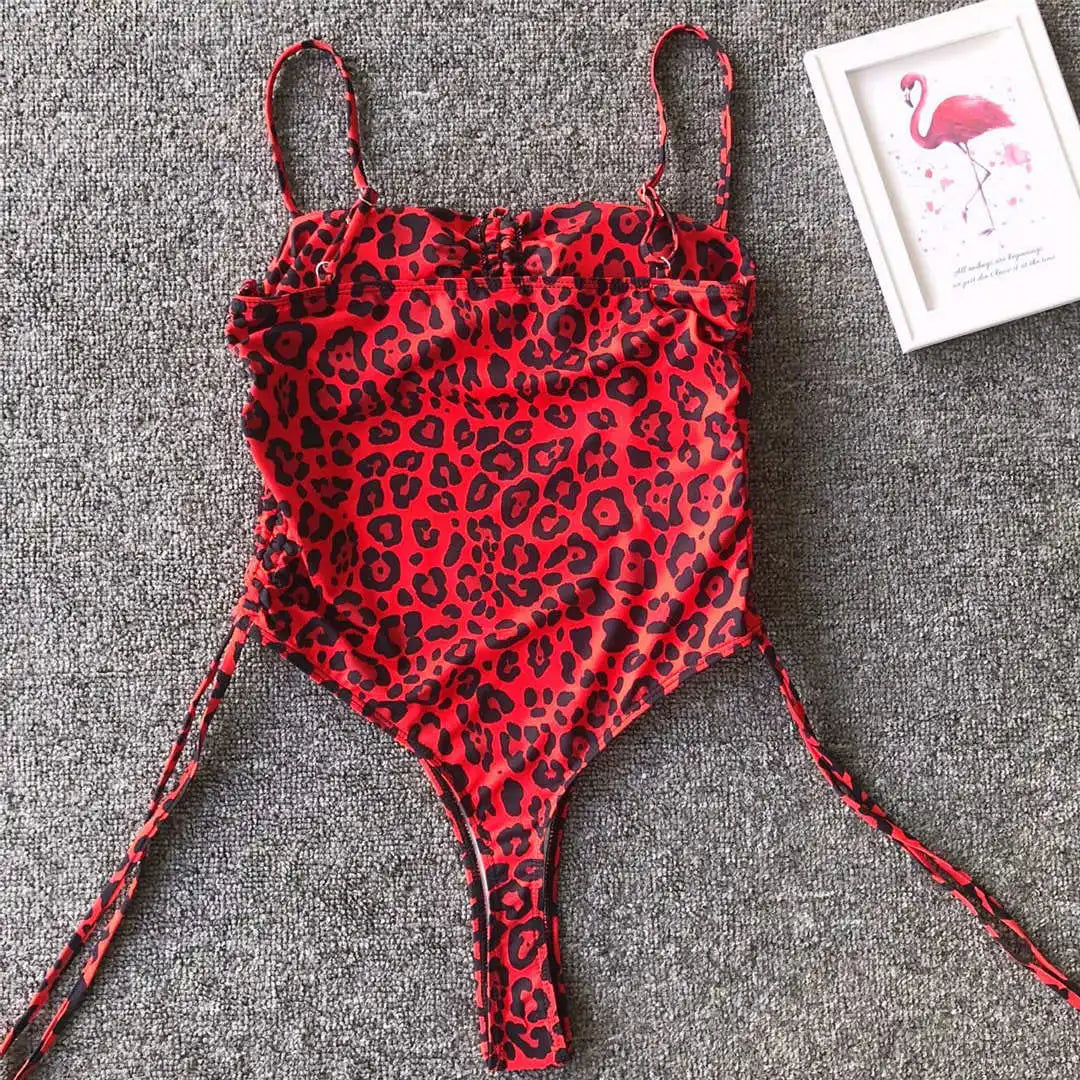 Sexy Lace Up Tummy Cut Out Monokini One Piece Swimsuit Women Swimwear Female Leopard Thong Bather Bathing Suit Swim Wear V1290