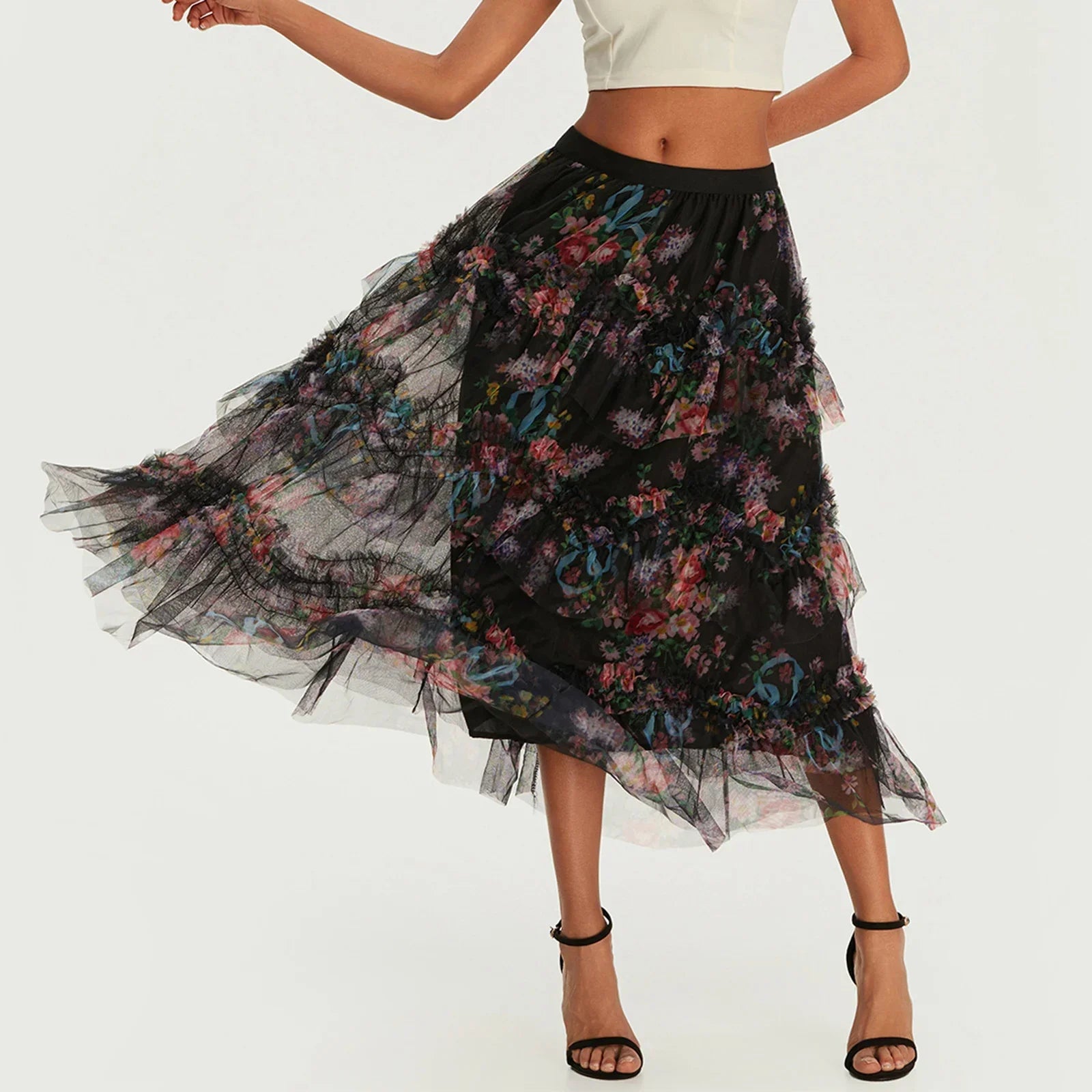 Early Fall Floral Print Ruffle Mesh Skirt Women Irregular Flowy A-line Midi Skirt for Travel, Beach, Shopping