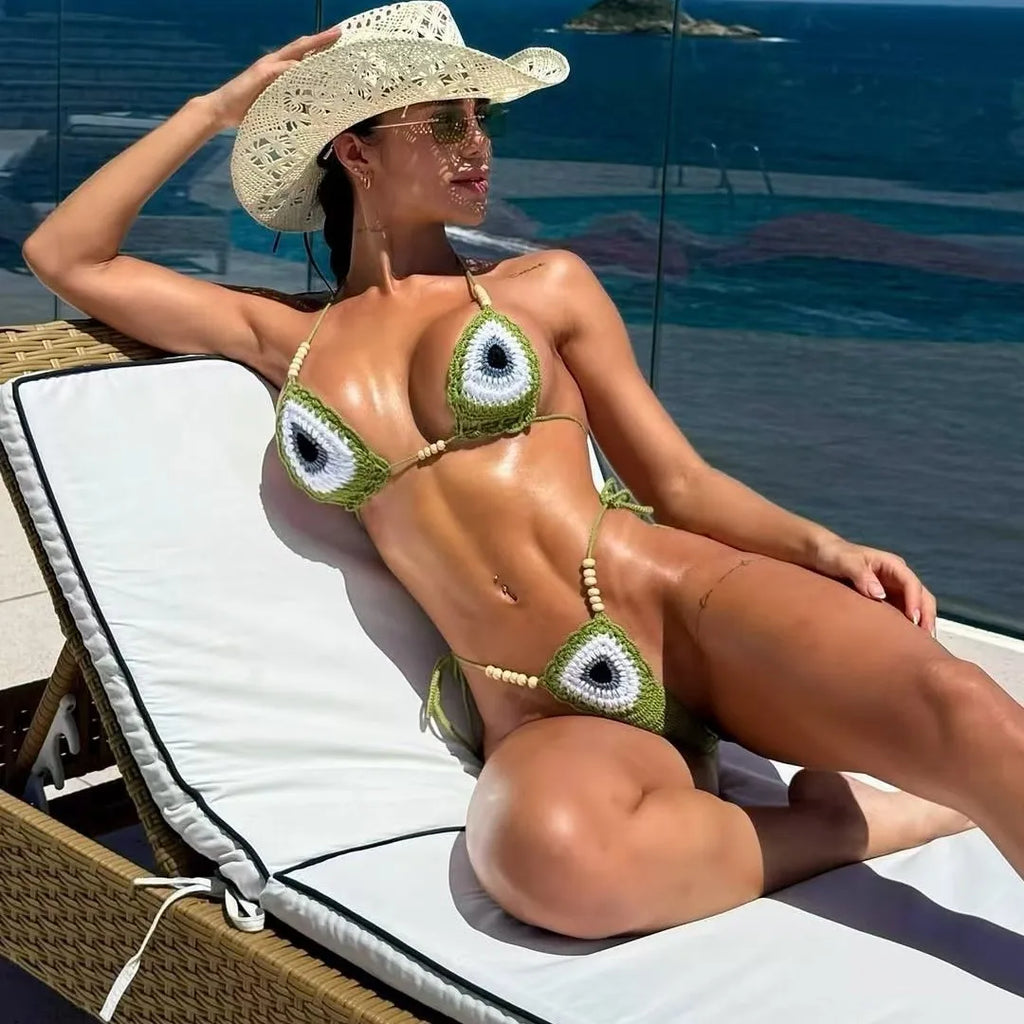 Sexy Hand Woven Bikini 2026 Mujer Women Green Patchwork Bead String Strap Micro Swimsuit Beach Bathing Suit Knitted Swimwear