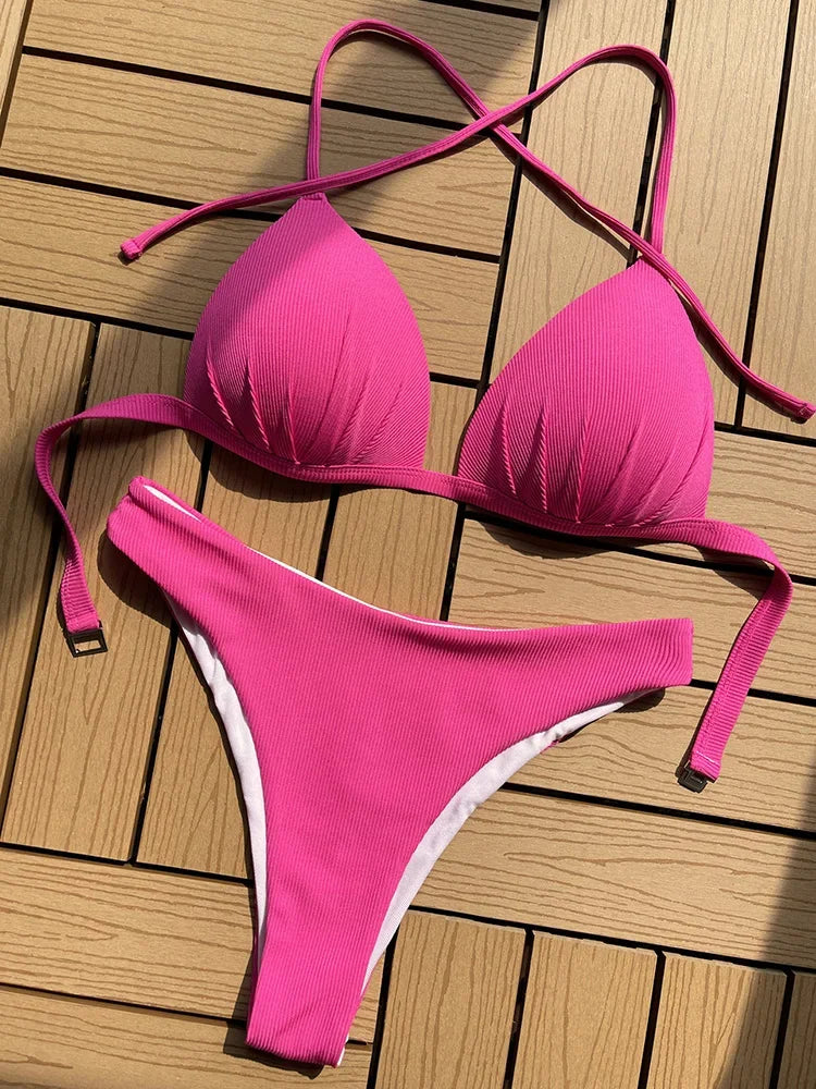 2025 Halter Bra Cup Bikini Women Swimsuit Female Push Up Swimwear Two Pieces Bikini Set Brazilian Bather Bathing Suit Swim Lady