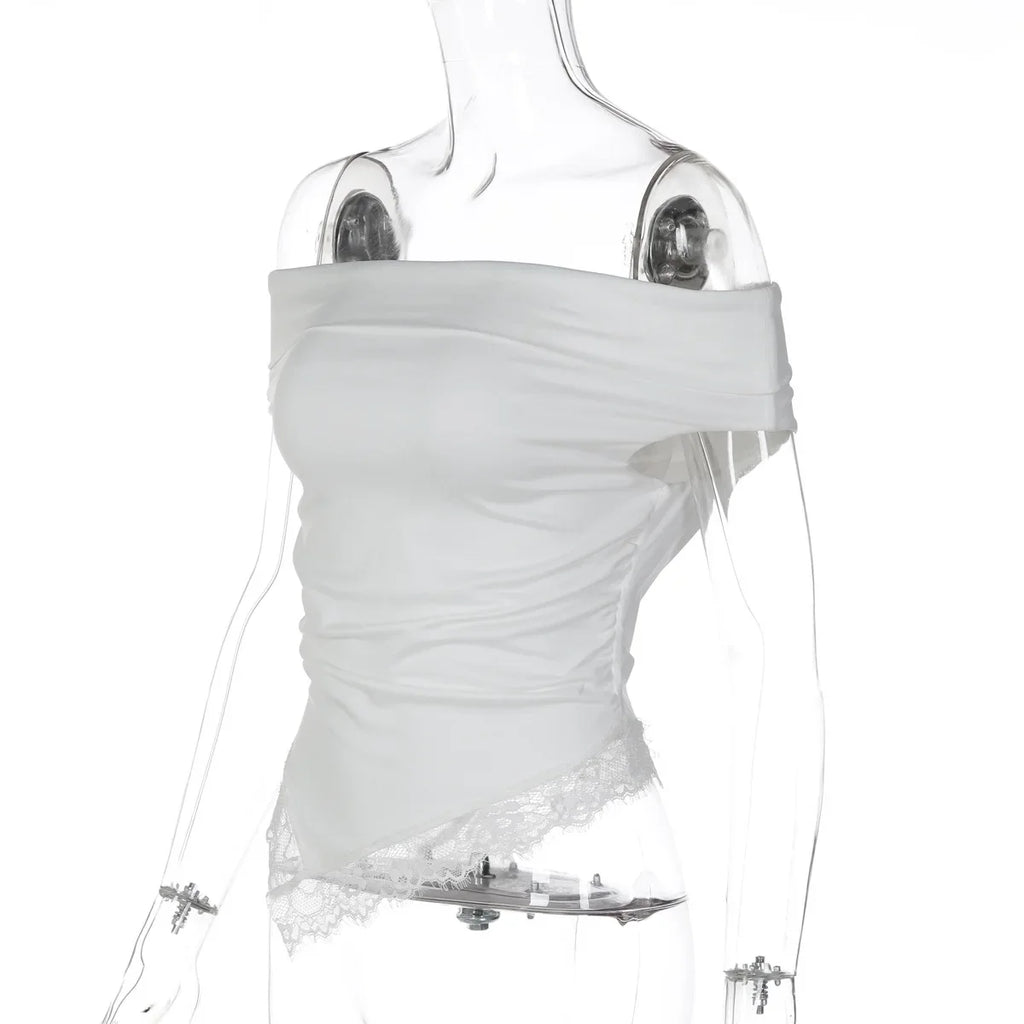 FDYOUI Woman Clothing Slash Neck T-shirts 2026 Summer Sleeveless Lace Patchwork White T Shirt Y2K Girls Irregular Corset Tee Top