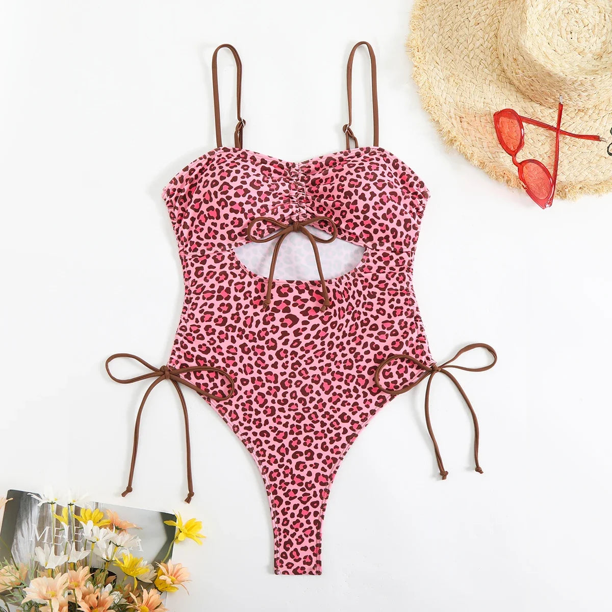 2026 Srappy Swimsuit One Piece Leopard Drawstring Swimwear Women Bathers Bathing Swimming Swim Suit Padded Beachwear Summer