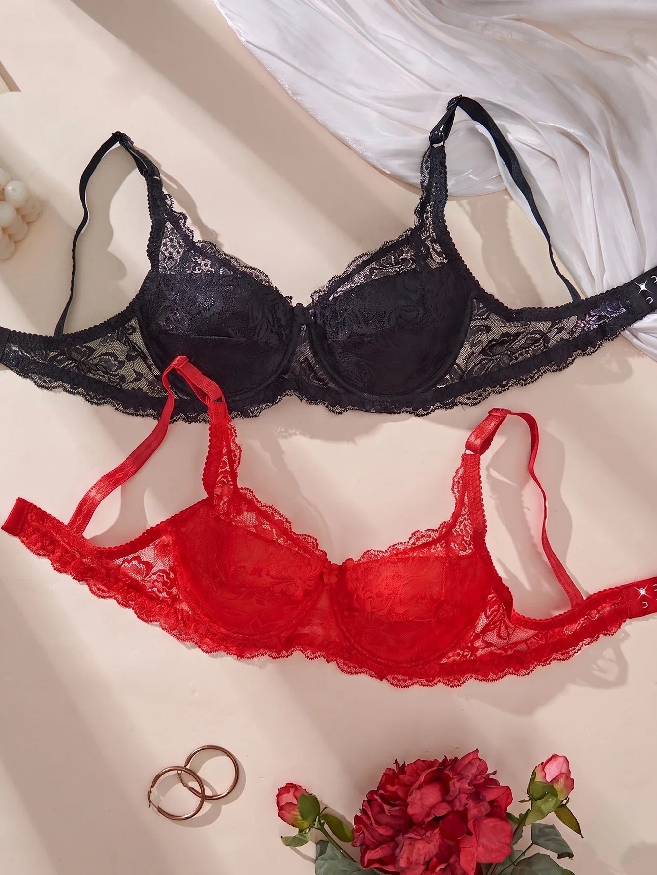 2Pcs/Set Lace Bra for Women Sexy Underwire Push-Up Bra Breathable Mesh Thin Soft Lingerie Adjustable No Lining Women's Bra