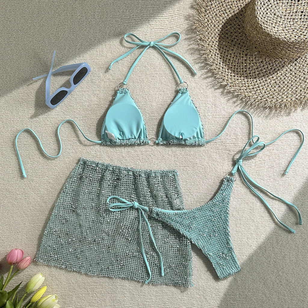 With Fishnet Sarong Skirt Halter Micro Bikini Women Swimwear Female Swimsuit Three-pieces Bikini Set Bathing Suit Swim Beachwear