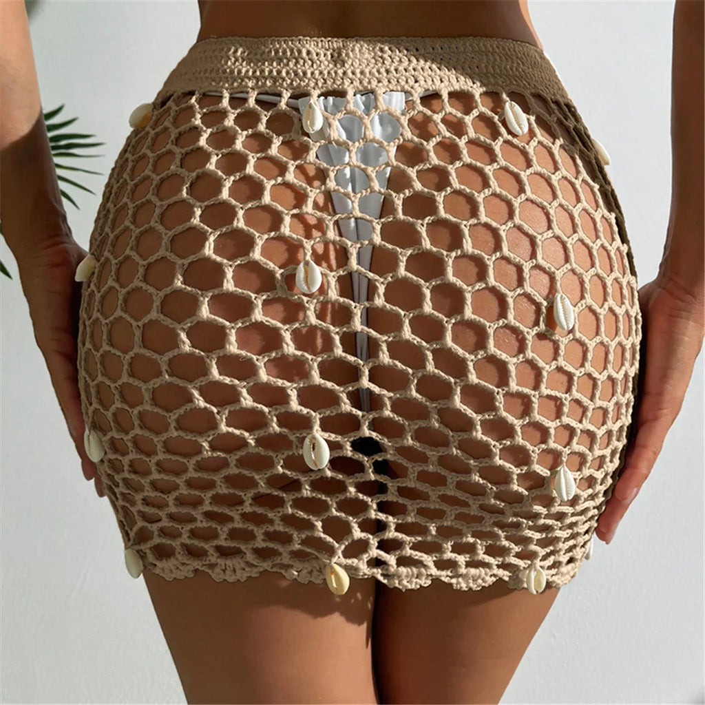 Hollow Out See Through Shell Crochet Knitted Beach Skirt Cover Up Cover-ups Beach Dress Beach Wear Beachwear Female Women V6479
