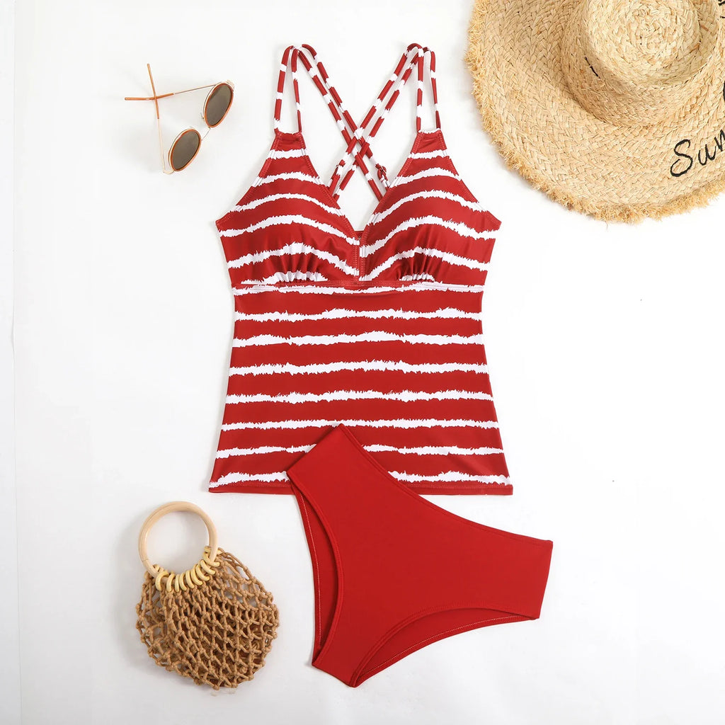 2026 Strappy Tankini Set Two Pieces Swimsuit Women Striped Swimwear Female Bathers Bathing Swimming Swim Suit Beachwear XXL