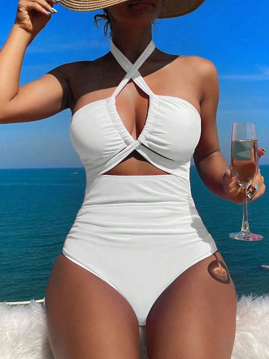 2026 Sexy Padded Swimsuit Women One Piece Halter Hollow Swimwear Female Solid Bathers Bathing Swimming Swim Suit Beachwear