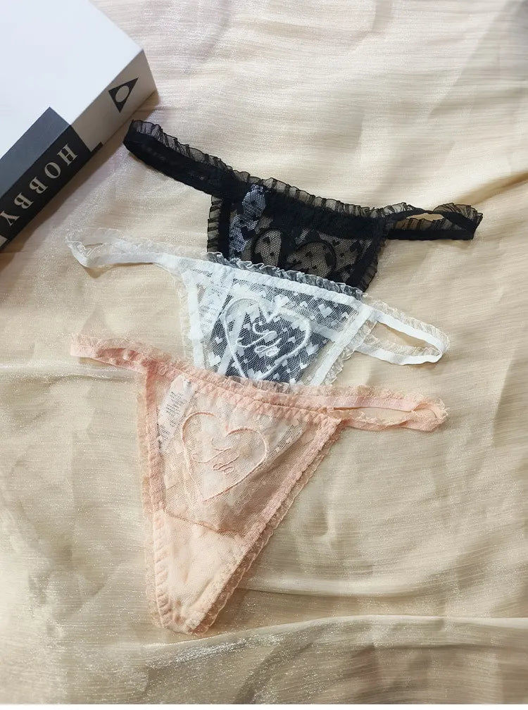 Embroidery Heart Sexy Girls Panties Women Briefs Thong Lace G String Underwear Thin Transparent Low Waist Female Lingerie