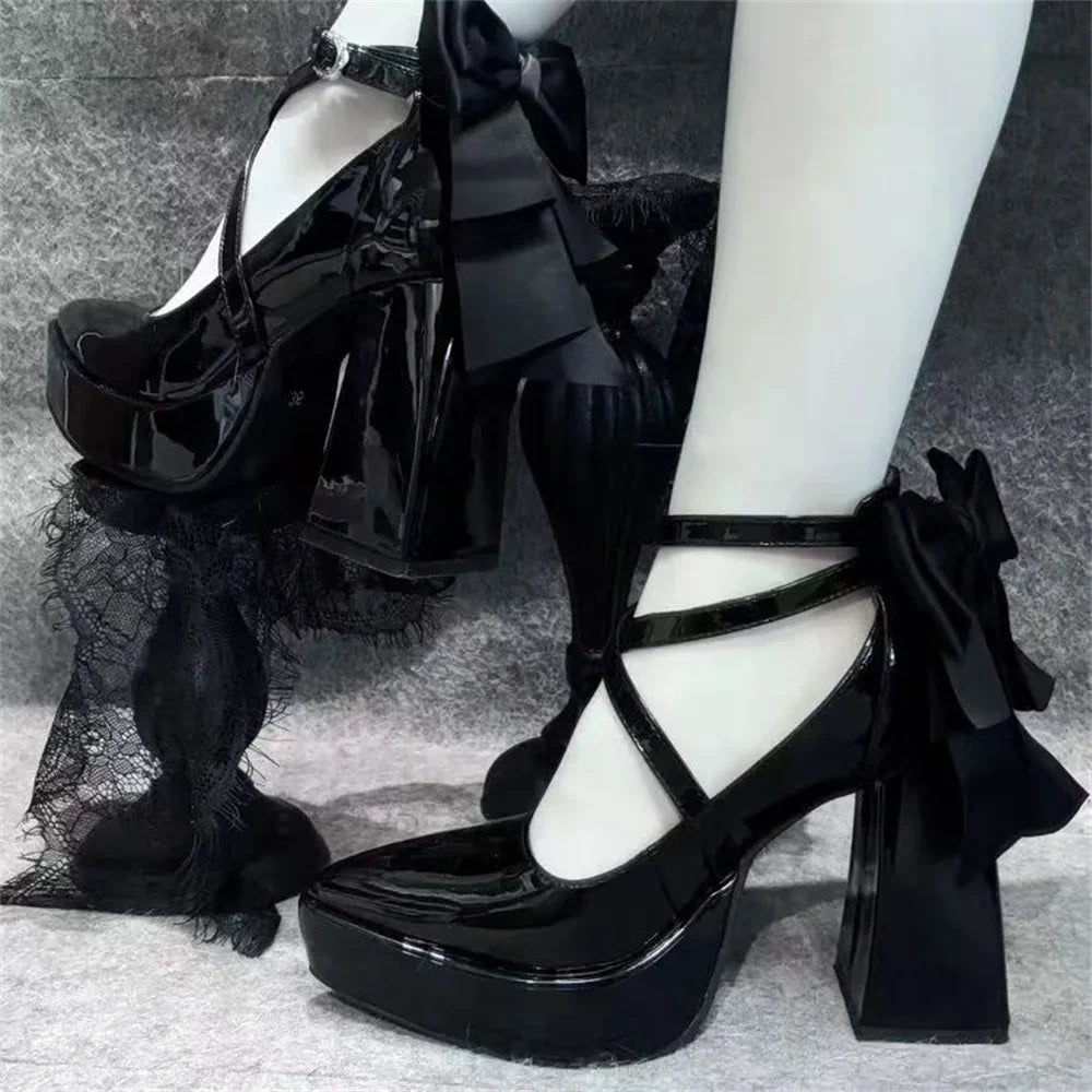 Big Size 42 Black Gothic Cross-strap High Heels Pumps Lolita Bow Tie Chunky Heels Platform Heeled Mary Jane Goth Shoes Women