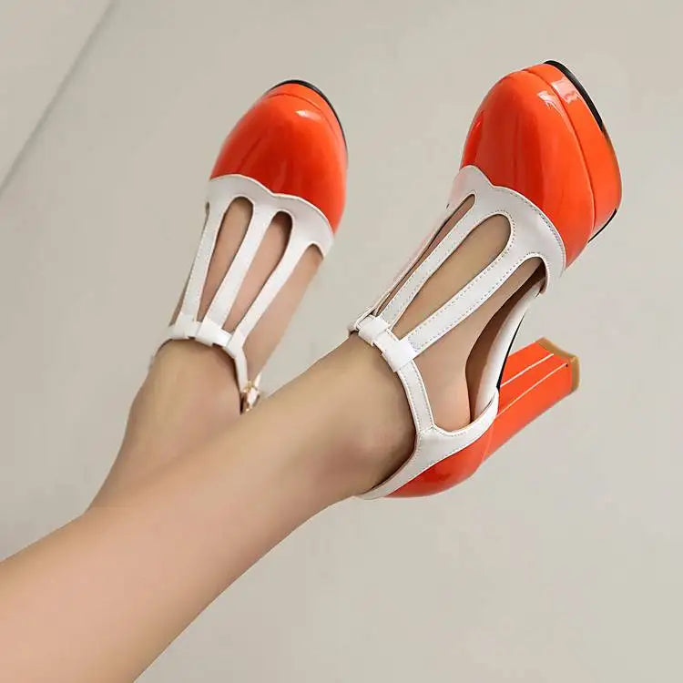 Spring Autumn New Style Fashion High-heeled Women's Shoes Color Block Round Head Shallow Mouth Buckle Square Heel Women's Shoes
