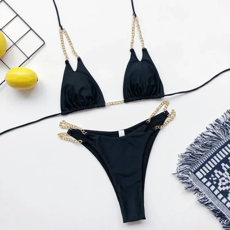 Sexy Cow Print Halter Metal Chains Brazilian Bikini Women Swimsuit Female Swimwear Two Pieces Bikini Set Bathing Suit Swim Lady
