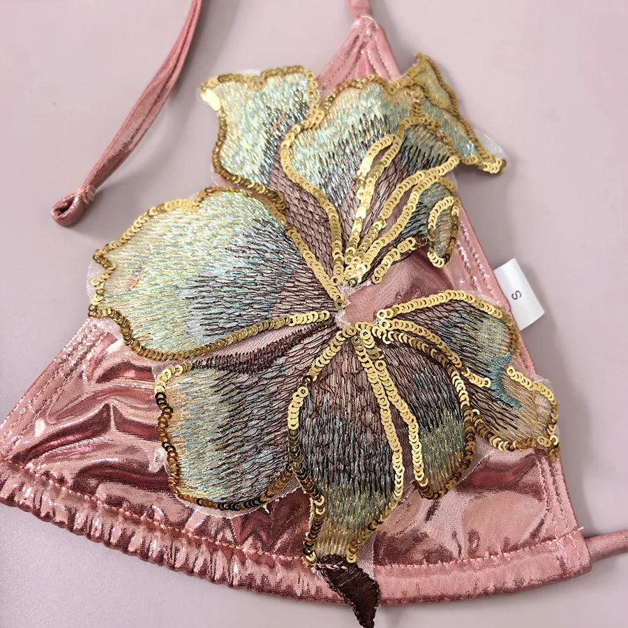 Sexy Patch flower Metallic Pink Irregular Swimsuits Bikinis Sets Two Pieces with Mini Split Skirt Swimsuit Bathing Suit Biquini