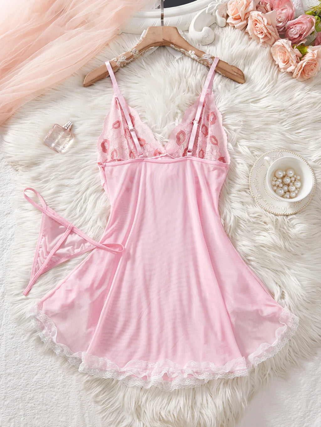 Pink Lips Transparent Bra Erotic Sets Sexy Fairy Lingerie Women See Through Lace Nightdress Delicate Ultra Hot Nighty With Thong