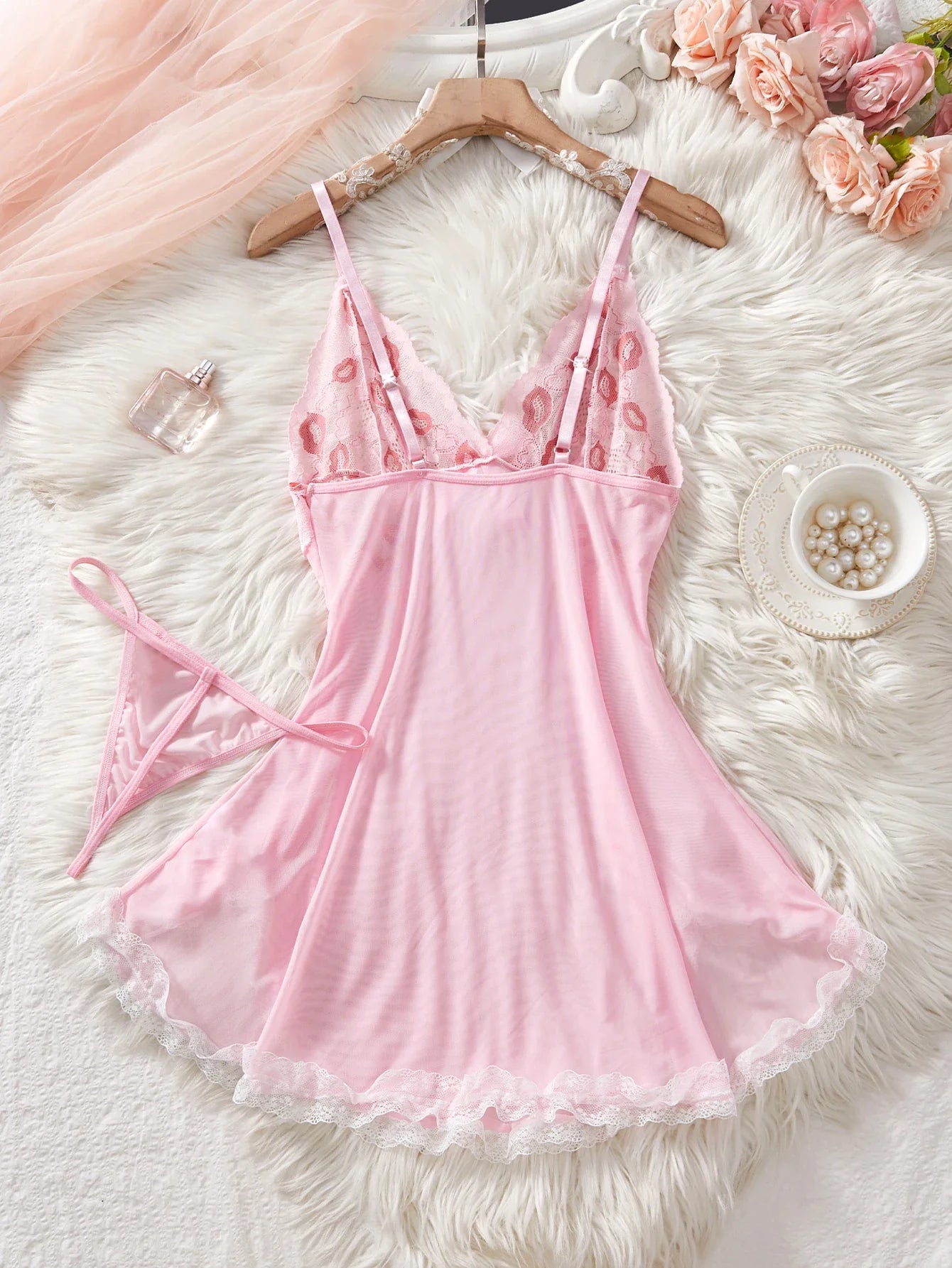 Pink Lips Sexy Lingerie Kawaii Babydoll Dress Women Lace See Through Nightdress Sleepwear Soft V Neck Erotic Pajamas With Thongs