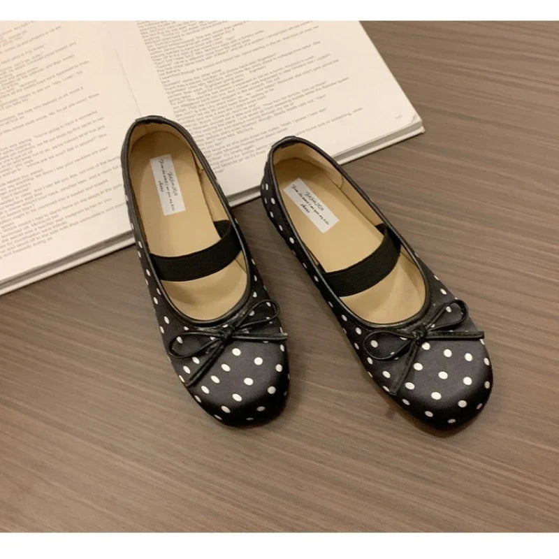 Polka Dot Women Ballet Flats Comfortable Round Toe Elastic Band Shoes Street Style Soft Sole Ladies Eelgant Wedding Dress Shoes