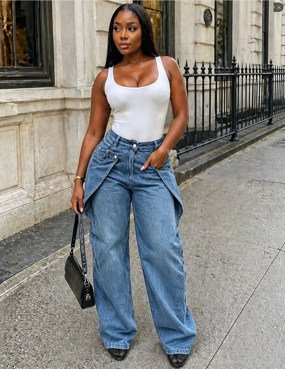European and American style casual jeans street fashion staggered button design straight leg