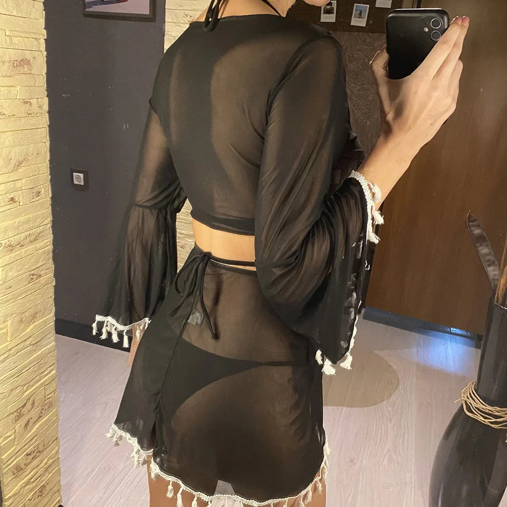 S - XL With Tassel Skirt Long Sleeve Bikini Women Swimwear Female Swimsuit Four-pieces Bikini set Bather Bathing Suit Swim V7060