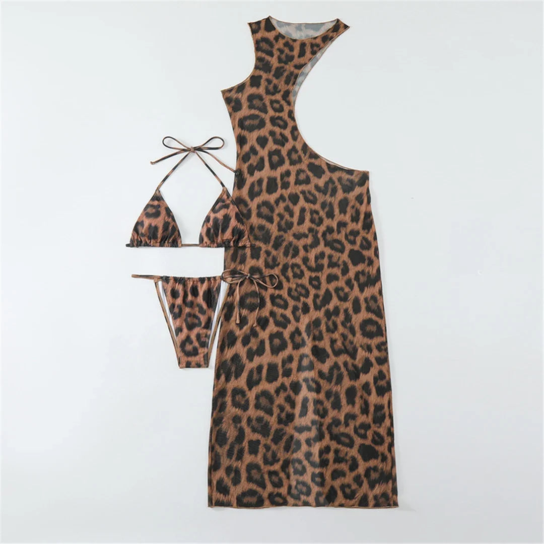 XS - XL Halter Leopard With Cover Up Bikini Women Swimwear Female Swimsuit Three-piece Bikini Set Bather Bathing Suit Swim V5452