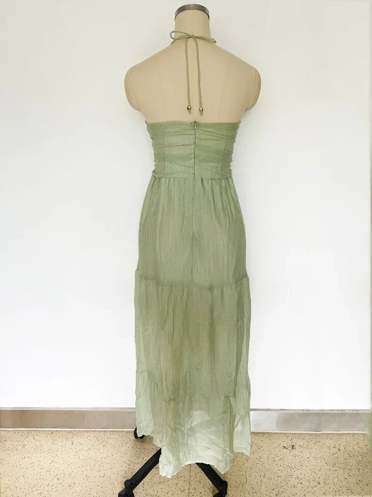 Foridol Backless Sexy Summer Dress for Women Off Shoulder Halter Long Dress Green V Neck Holiday Beach Sundress Party Boho Dress
