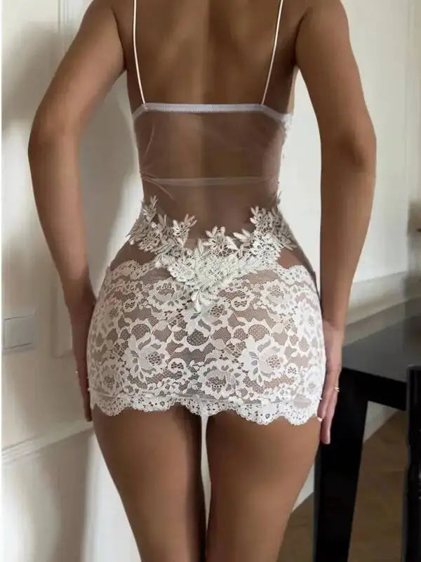 Sexy Sheer Mesh Lace Strap Flower Embroidery Dress For Women Summer New Style Women's Dress Transparent Solid Color Elegant W916