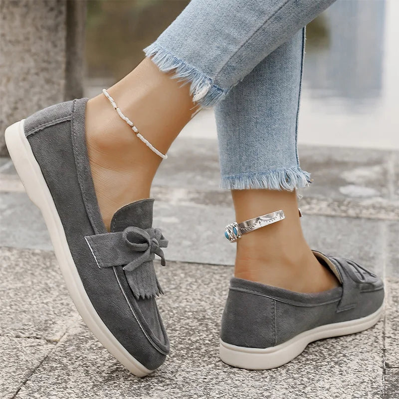 Retro Tassel Bowknot Flats Shoes Women Solid Color Faux Suede Flat Shoes Woman Wear Resistant Plus Size 36-43 Casual Shoes Lady
