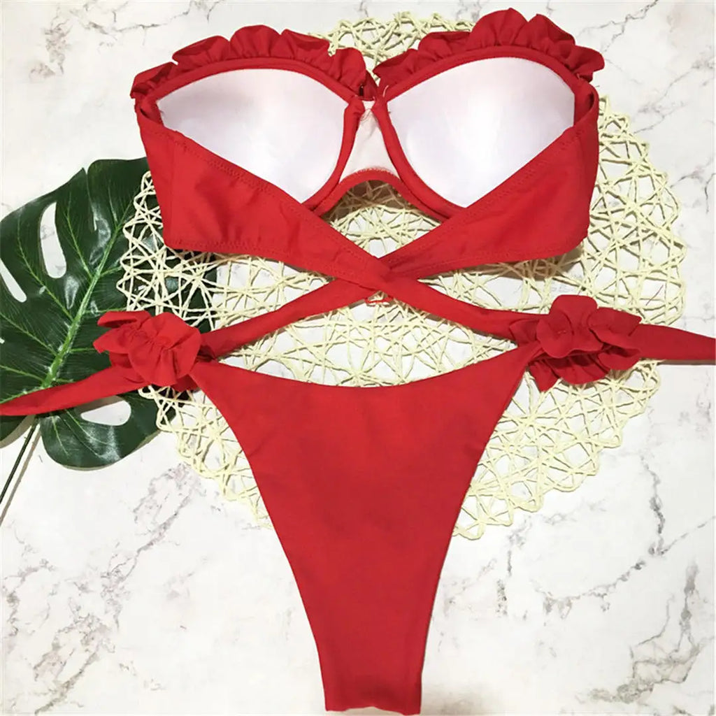 Bandeau Bikini Push Up Swimsuit Female Swimwear Women Two-pieces Bikini Set High Leg Cut Bather Ruffled Bathing Suit Swim V1562