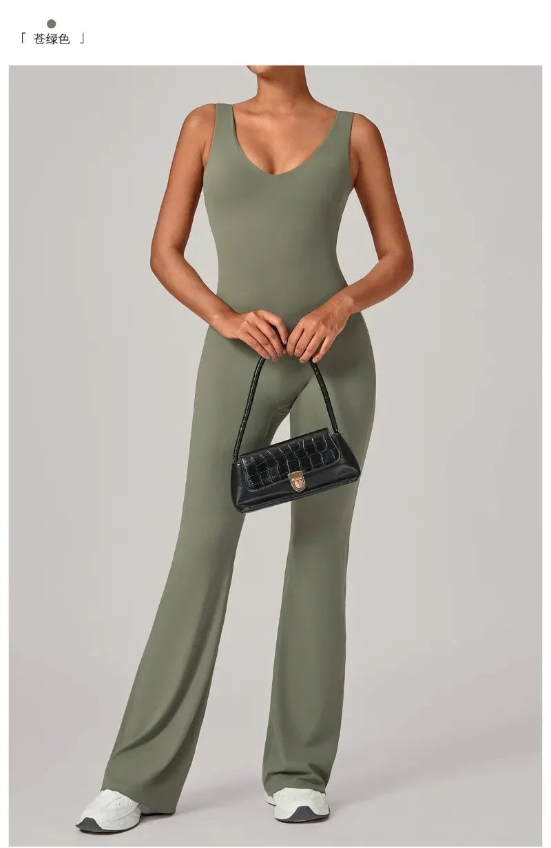 Women's Seamless Yoga Jumpsuits Sports Fitness Sleeveless Hip-lifting Flared One-piece Workout Gym Training Slim Fit Bodysuits