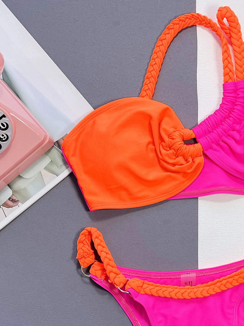 Sexy Orange Hot Pink Contrast Bikini Set 2024 Women Rope One Shoulder Hollow Out Push Up Swimsuit Bathing Suit Thong Swimwear
