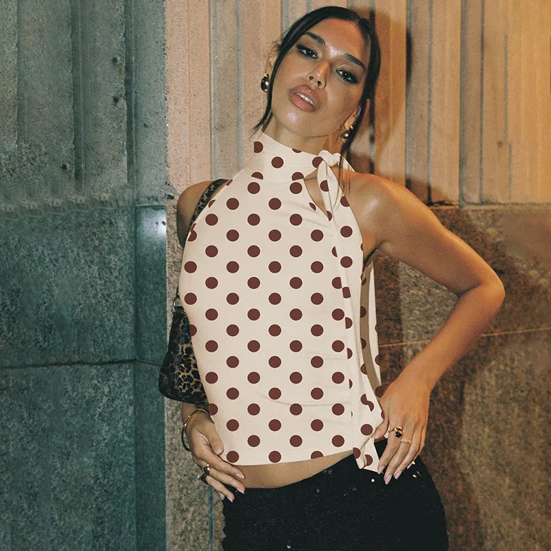FDYOUI Elegant Bandage Off Shoulder Polka Dot Tank Tops for Women 2026 Summer Sleeveless Crop Top T-shirt Female Slim Corset