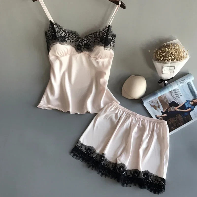 Women Summer Sleepwear Sexy Lace Satin Pajama Sets Lingerie Nightwear Sleeveless Tops+Shorts 2 Pcs Sets Loungewear