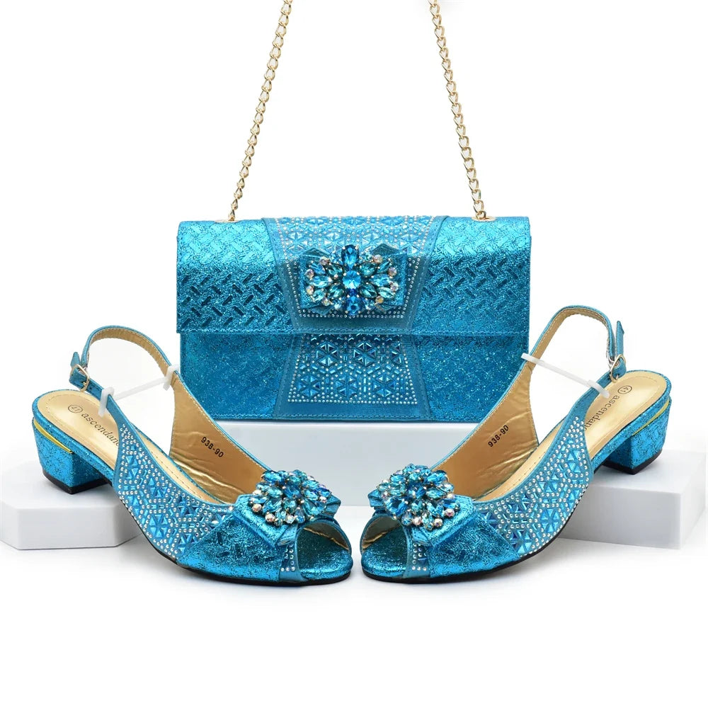 Doershow nice African Shoes And Bag Matching Set With BLUE Hot Selling Women Italian Shoes And Bag Set For Wedding  HFG1-1