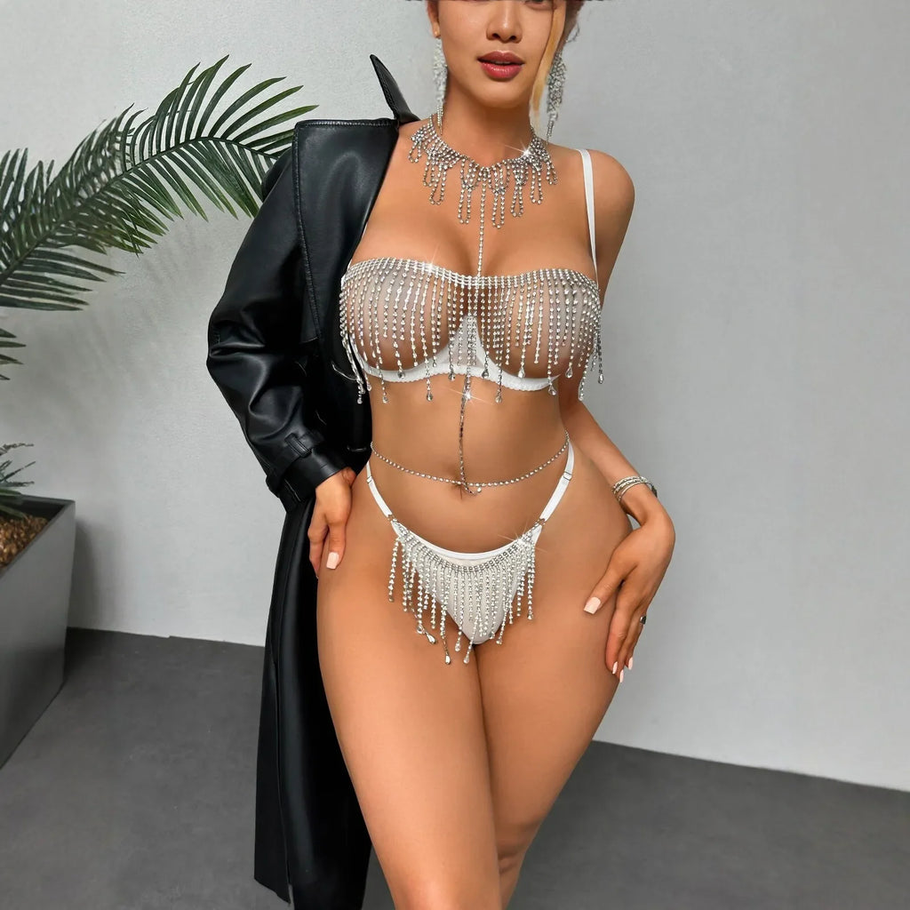 European and American erotic lingerie, sexy rhinestone bra and panties three-piece set