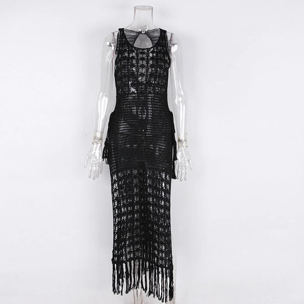 S- XL Sexy Hollow Out Fringe Tassel Knitted Crochet Tunic Beach Cover Up Cover-ups Beach Dress Beach Wear Beachwear Female V3800