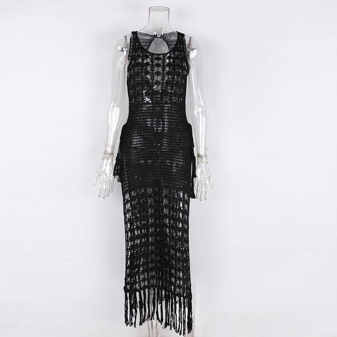 S-XL Sexy Hollow Out Fringe Tassel Knitted Crochet Tunic Beach Cover Up Cover-ups Beach Dress Beach Wear Beachwear Female V3800C