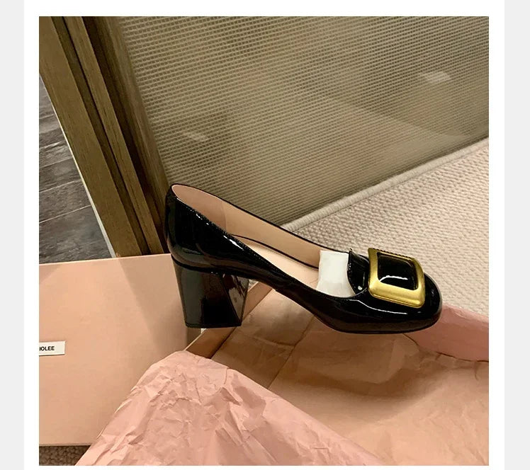 Women Pumps Fashion Square Heel Sexy High Heels Wedding Shoes Ladies Round Toe Metal Buckle Party Chunky Shoes Zapatillas Mujer