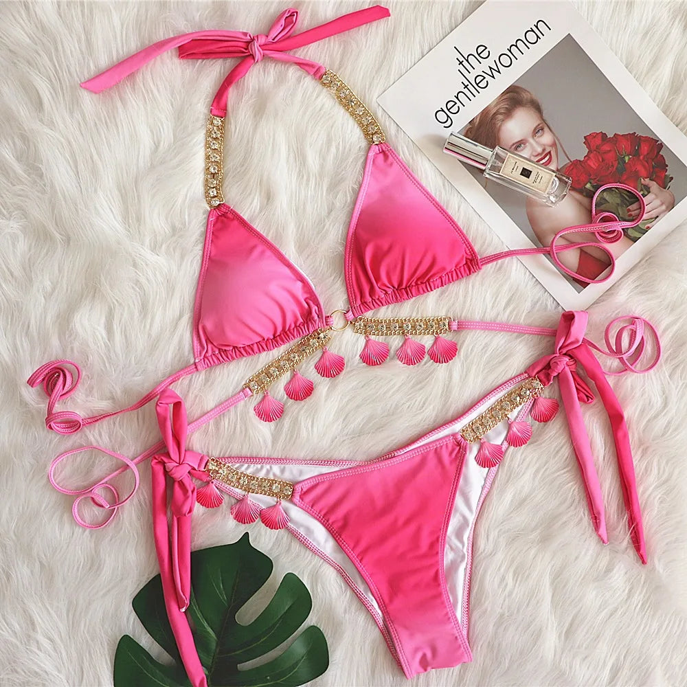 Women's Bikini Sexy Strap Gradient Print Luxury Crystal Diamond Bikini Shell Swimsuit