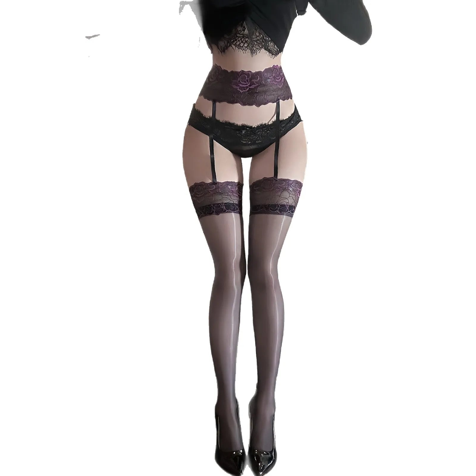 Nightclub Sexy And Alluring Thin Delicate Lace-trimmed Garter Pantyhose Solid Color Transparent Mesh Pantyhose Charming 8F1C