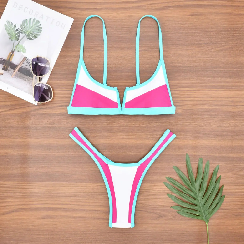 Splicing V Shaped Micro Thong Bikini Women Swimsuit Female Swimwear Two Pieces Bikini Set Push Up Bathing Suit Swim Beachwear