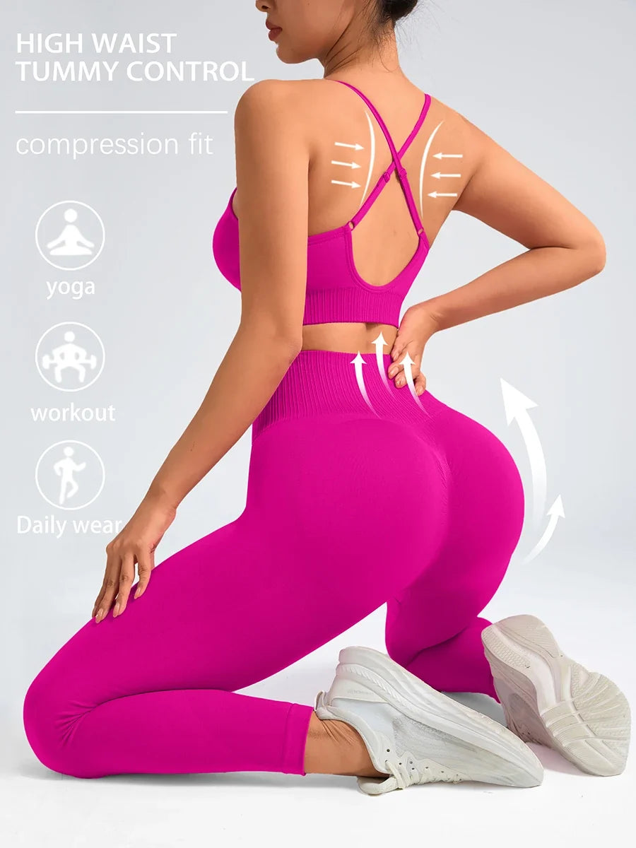 2 pcs/set Seamless Tight Pants Set Rose Red Tank Top Outfit Women's Clothing Breathable  Trousers  Athleisure Fitness Pants