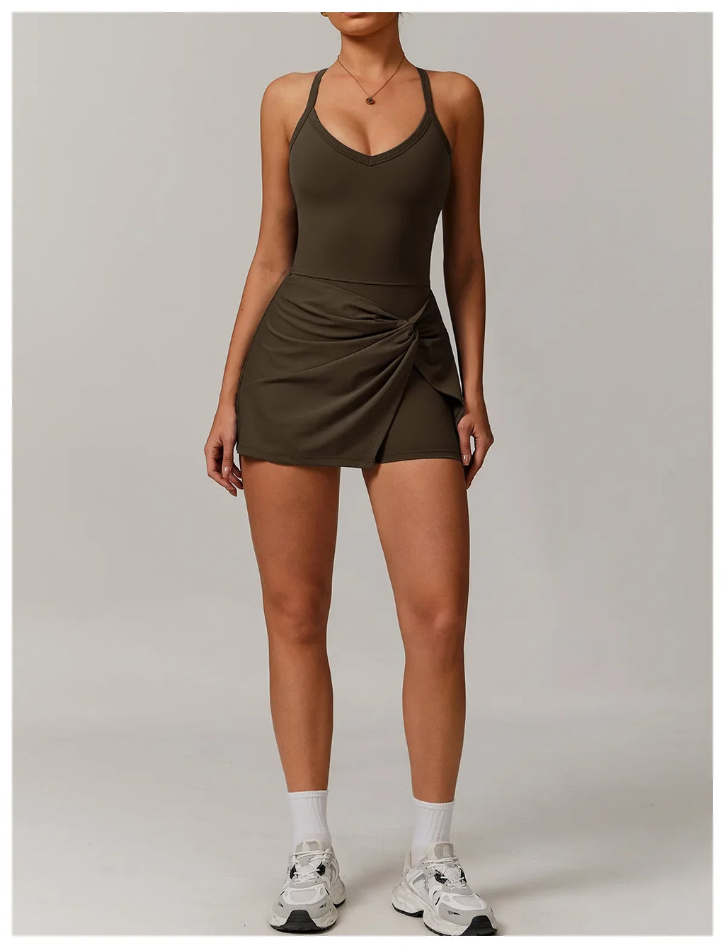 Summer Tennis Dress Women Sleeveless V Neck Slim Skirt Pleate Twisted Design Crossed Hollow Out Sports Yoga Golf Skirt Badminton