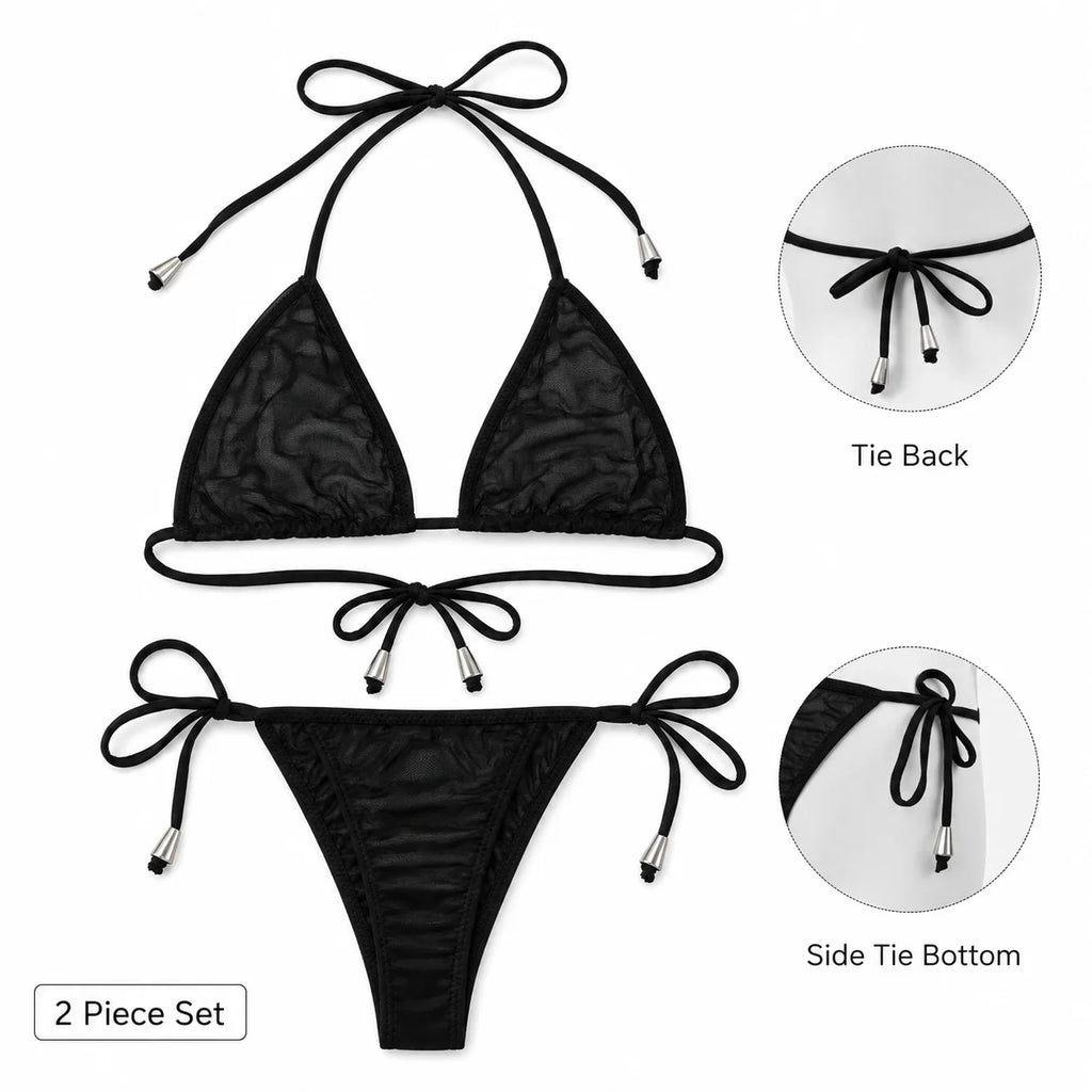 Women Bikini Set 2pcs Black Halter Triangle Swimsuit, Tie Side V Shape Bottom, Solid Color Beach Vacation Swimwear
