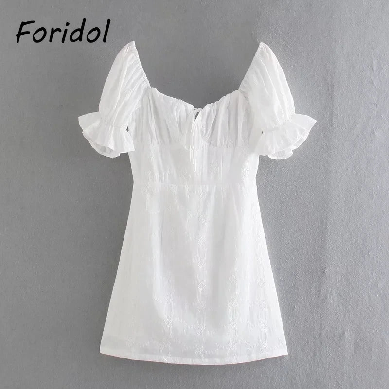 Foridol White Lace Summer Dress for Women Flower Embriodery Cotton Mini Dress Puff Sleeve Lace Up Ruffles Short Beach Dress
